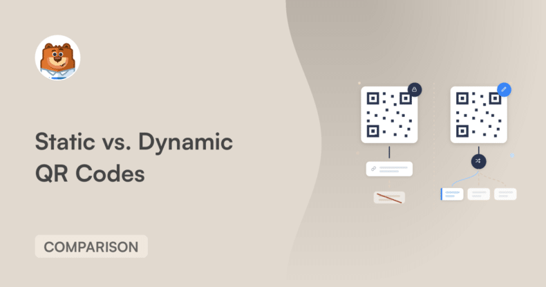 Diapositive principale : titre « Codes QR statiques ou dynamiques » avec un avatar d'ours et deux diagrammes de codes QR à droite, fond beige.