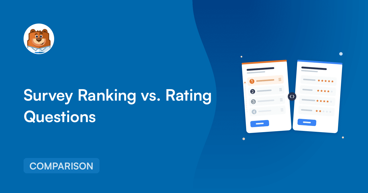 Blue banner showing a comparison between ranking and rating survey questions, with a bear avatar on the left and two tilted rating cards on the right; COMPARISON badge.