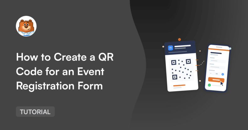 チュートリアル用のヒーローバナー：「イベント登録フォームのQRコードを作成する方法」。左側にクマのロゴ、右側にQRコードが表示された2つのモバイル画面。