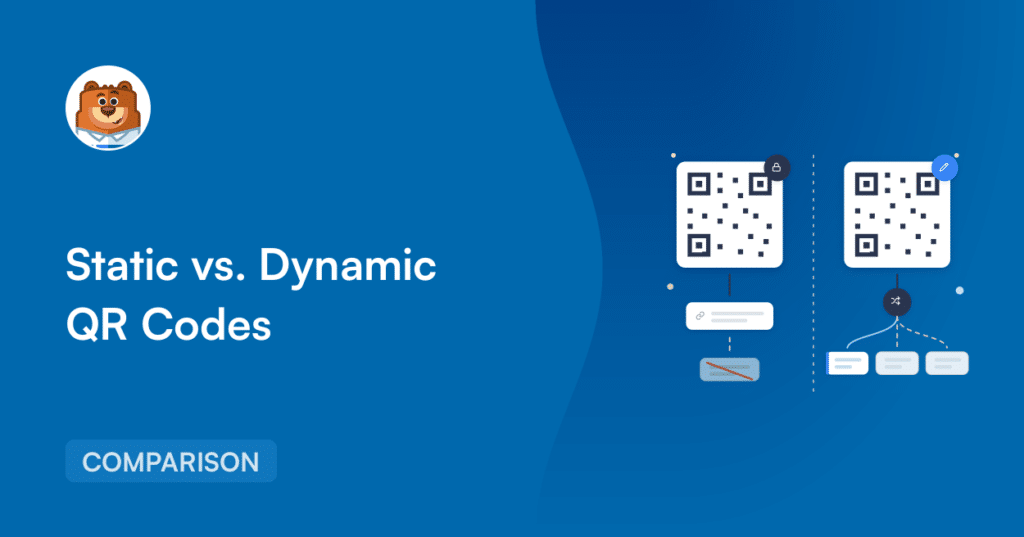 Banner explaining Static vs. Dynamic QR Codes, with a bear avatar on the left and a 'COMPARISON' tag on a blue background.