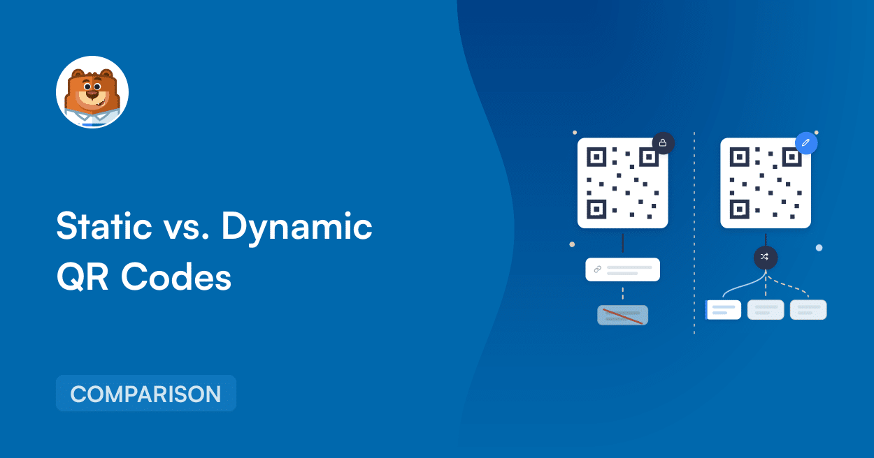 Banner explaining Static vs. Dynamic QR Codes, with a bear avatar on the left and a 'COMPARISON' tag on a blue background.