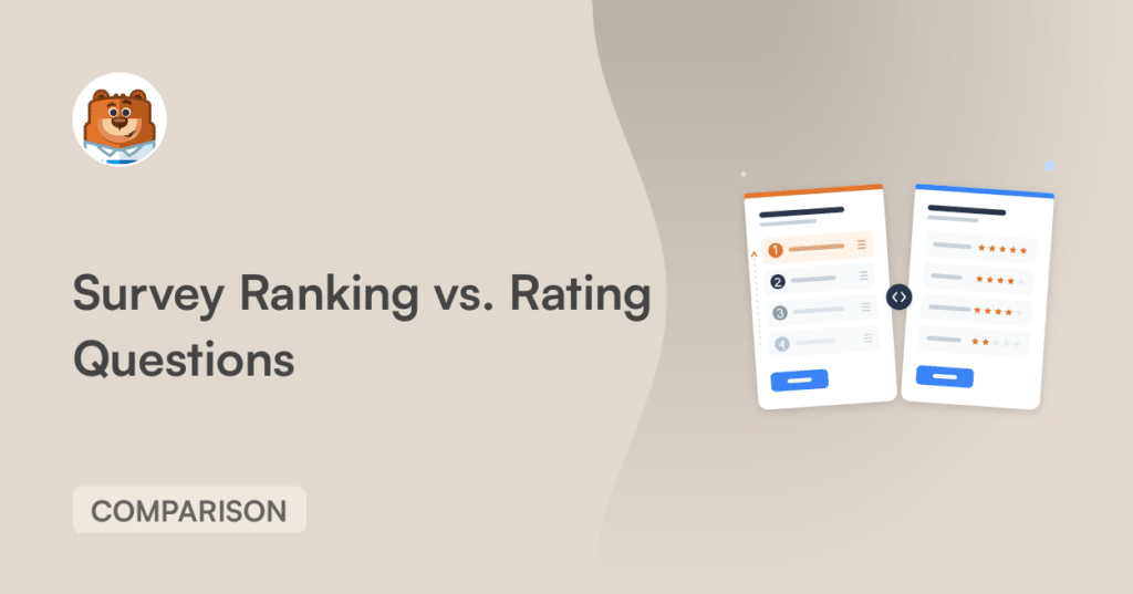 Hero image comparing survey ranking vs. rating questions, featuring a bear avatar at left, a beige background, a 'COMPARISON' badge, and two floating comparison cards on the right.