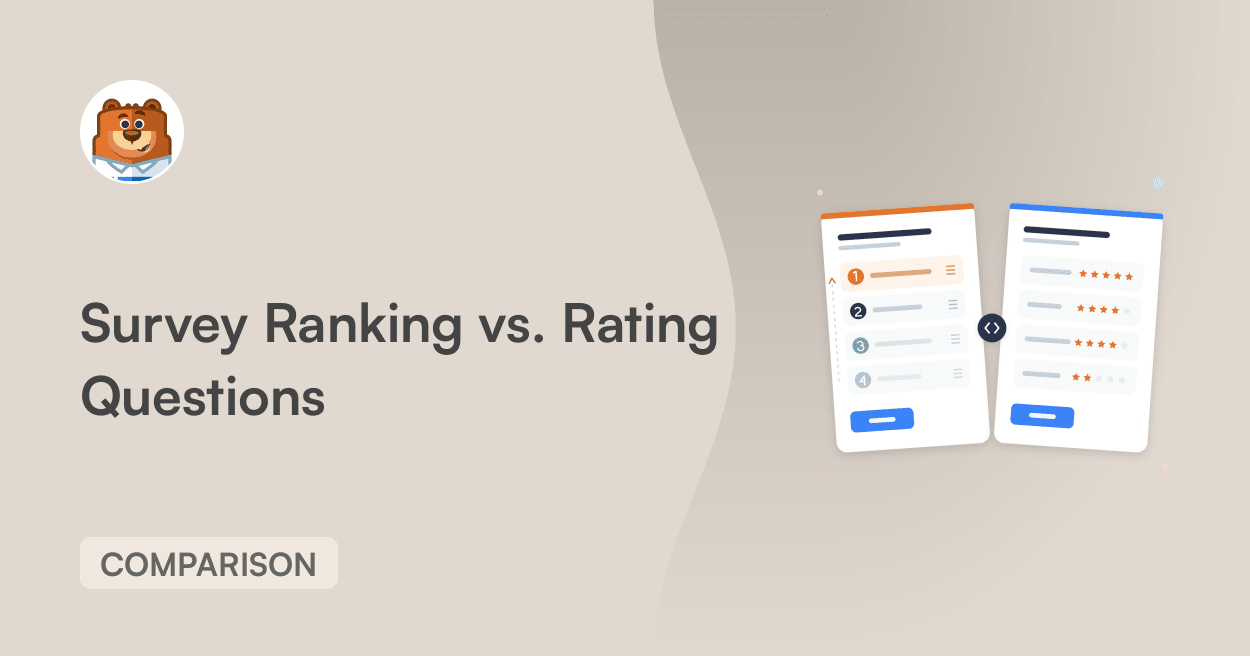Hero image comparing survey ranking vs. rating questions, featuring a bear avatar at left, a beige background, a 'COMPARISON' badge, and two floating comparison cards on the right.