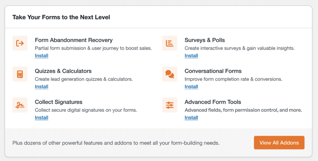 Panel titled “Take Your Forms to the Next Level” with six addon tiles: Form Abandonment Recovery, Surveys & Polls, Quizzes & Calculators, Conversational Forms, Collect Signatures, Advanced Form Tools, and a View All Addons button on the right.