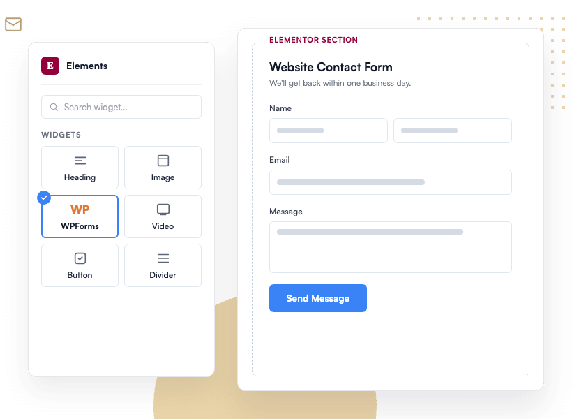 elementor-tab-1-contact-integration - WPForms Das in der Elementor-Elemente-Seitenleiste ausgewählte WPForms-Widget mit einem Website-Kontaktformular, das in einem Elementor-Abschnitt gerendert wird
