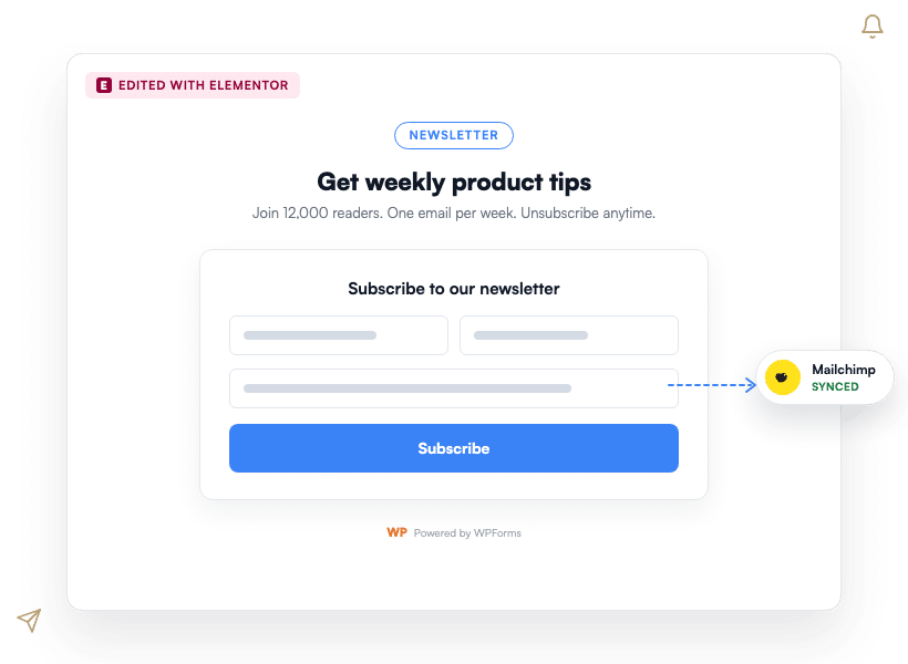 Ein Newsletter-Anmeldeformular, das mit WPForms auf einer Elementor-Seite erstellt wurde und neue Abonnenten mit Mailchimp synchronisiert