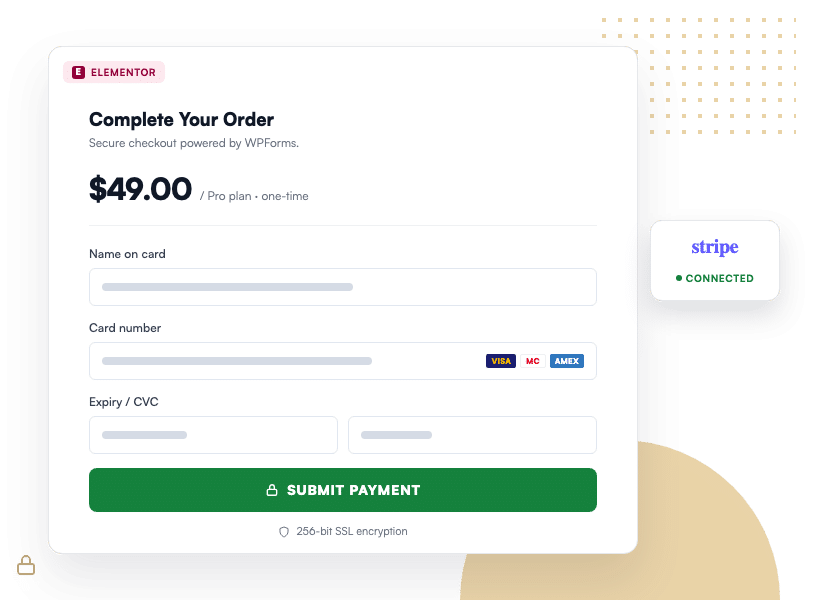 Ein WPForms-Zahlungsformular in einem Elementor-Layout, das eine einmalige Kartenzahlung über ein verbundenes Stripe-Konto abwickelt