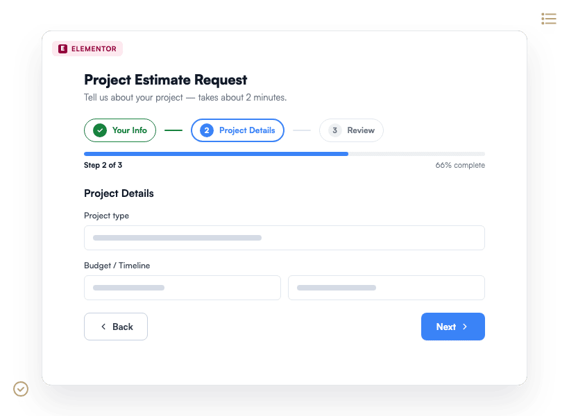 elementor-tab-4-multistep-integration - WPForms Ein mehrstufiges WPForms-Kostenvoranschlagsformular, das in einem Elementor-Layout mit einer Fortschrittsanzeige für Schritt 2 von 3 gerendert wird