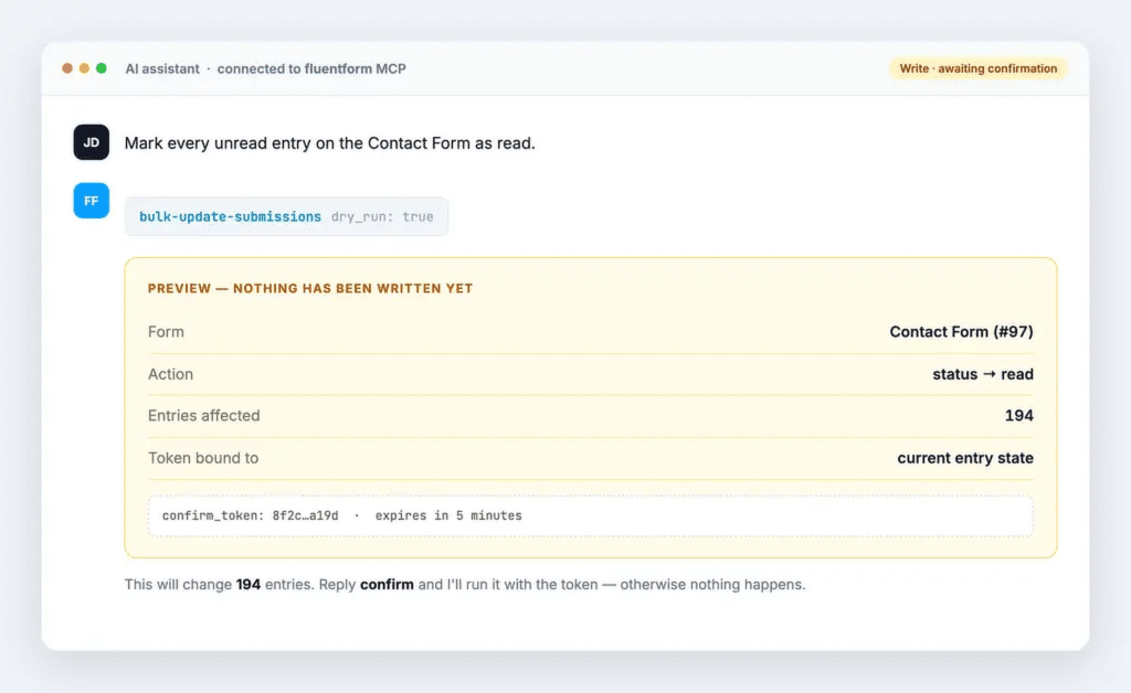 UI showing a task to mark all unread contact-form entries as read; includes a bulk-updateSubmission command and a preview pane stating nothing written yet with a table of details (194 entries will change).