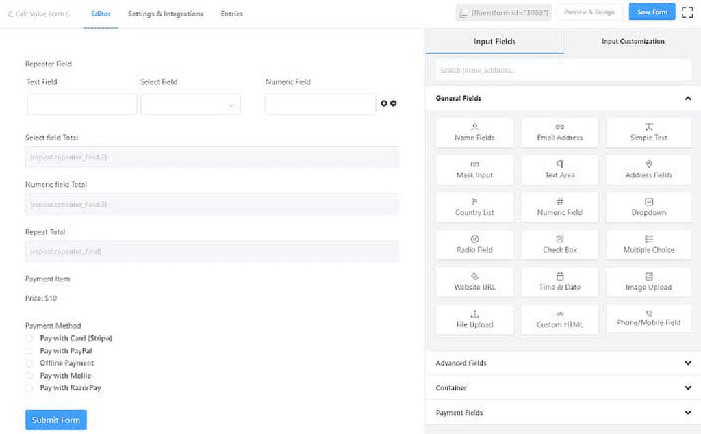 Form builder UI showing left panel with fields (Repeater, Text, Select, Numeric) and a right-side field library with options like Name, Email, Simple Text, Address, Country List, Date/Time, File Upload, and Website URL; a Save Form button is visible in the top bar.