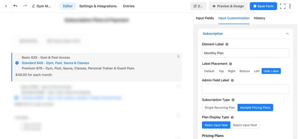 Subscription options with radio buttons: Basic , Standard , Premium ; Standard selected.