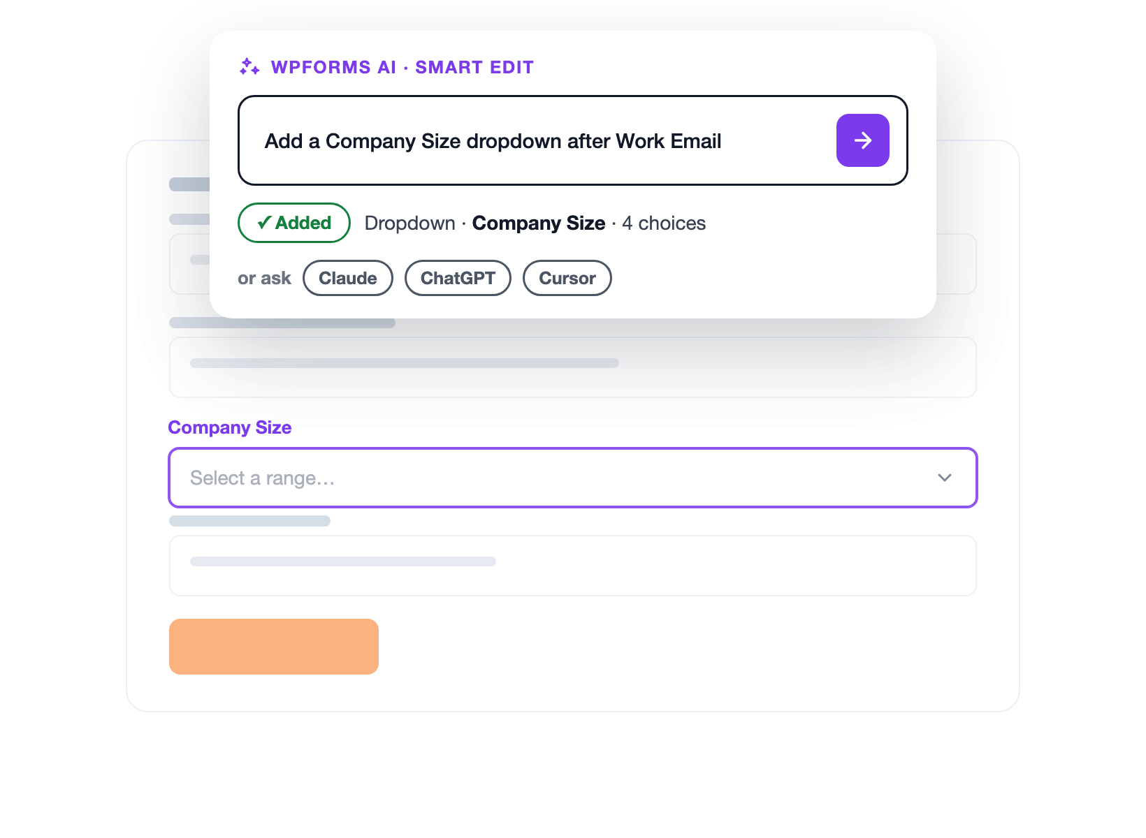 A command palette open over the WPForms builder with a prompt adding a Company Size dropdown to a form