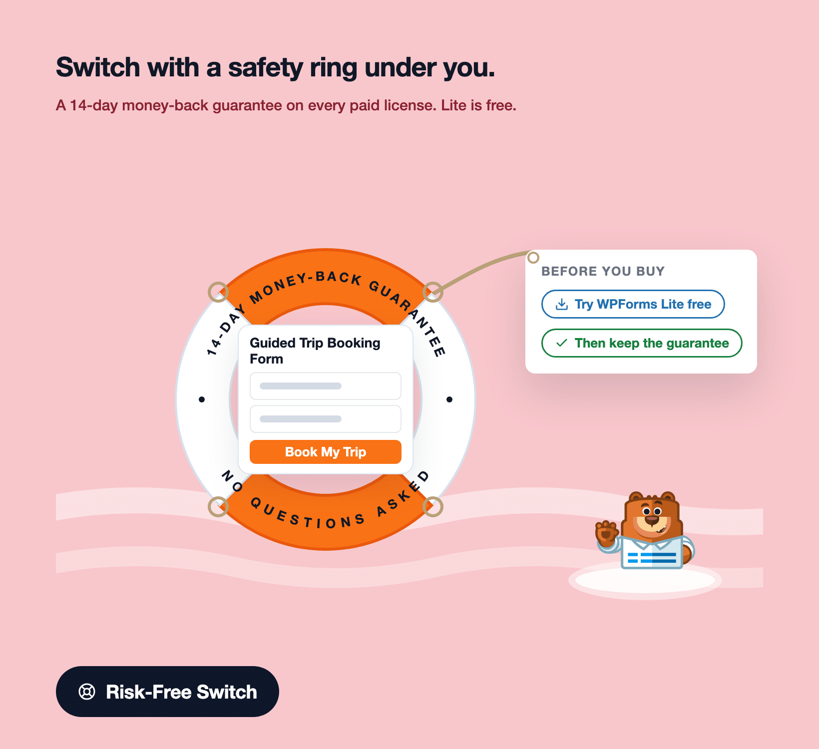 Une bouée de sauvetage étiquetée «&nbsp;garantie de remboursement de 14 jours&nbsp;» flottant autour d'un formulaire WPForms
