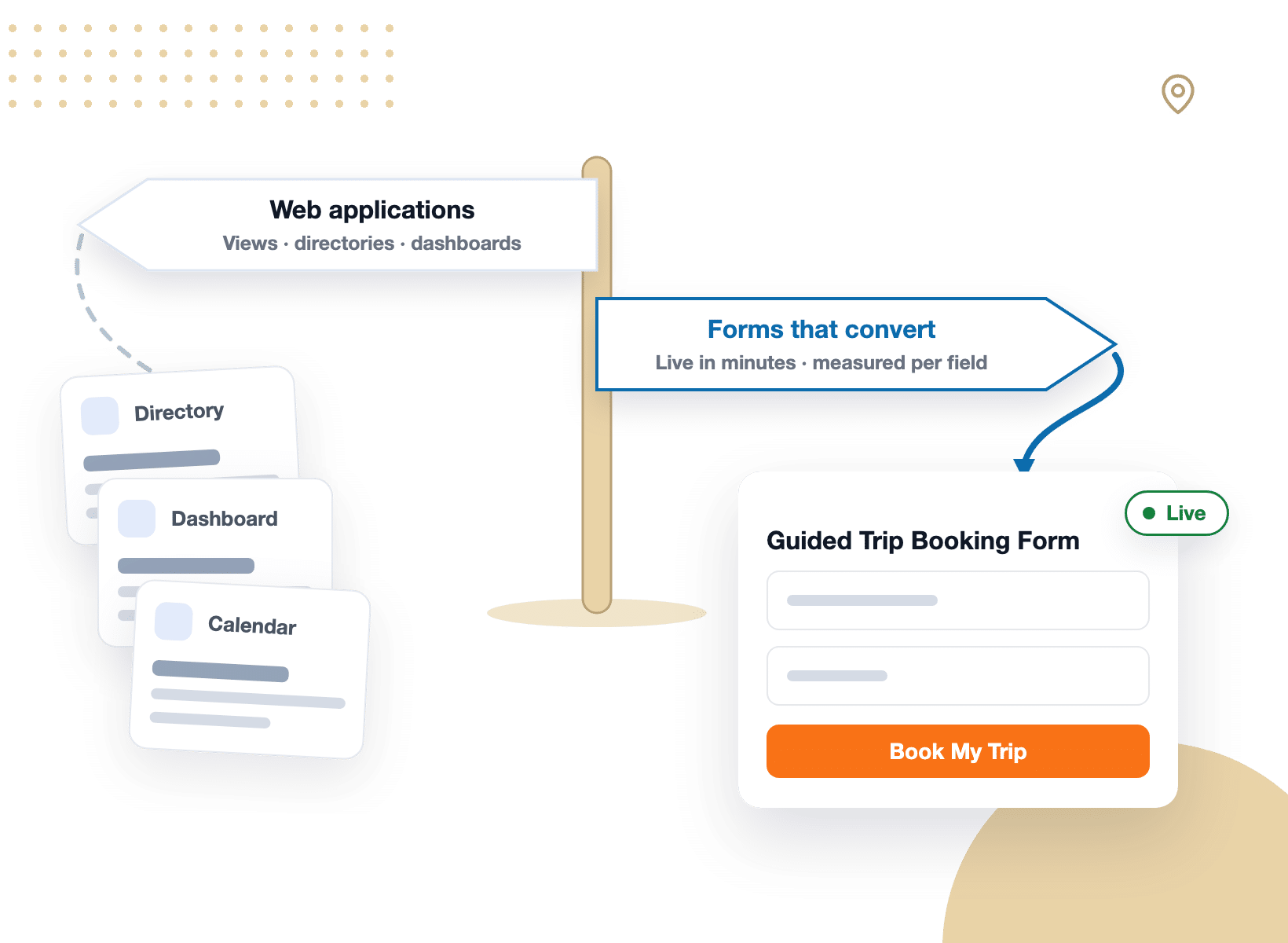 L'alternative formidable forms pour WordPress représentée comme un panneau indicateur à une bifurcation, un bras pointant vers les applications web et l'autre vers les formulaires qui convertissent