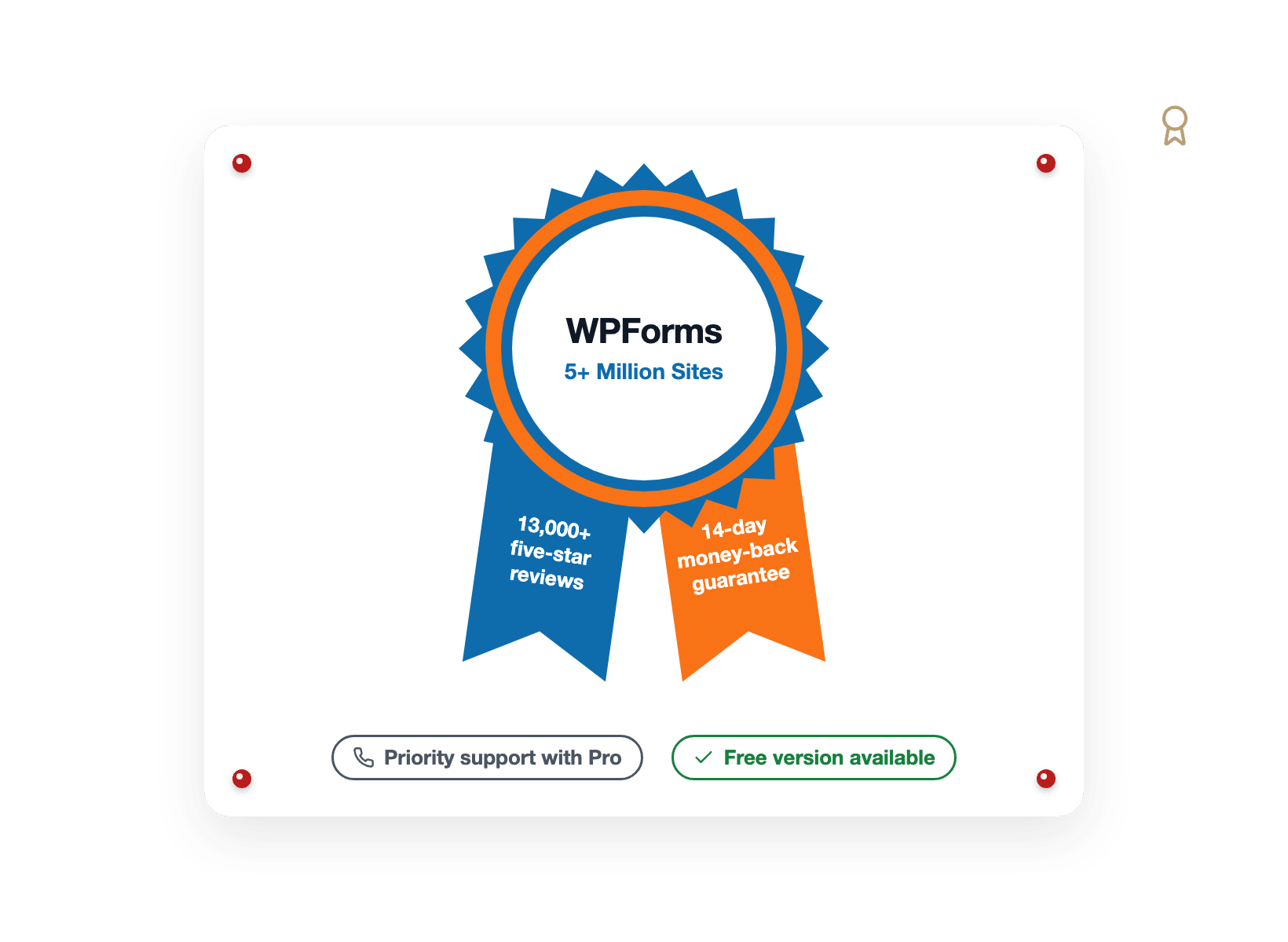 Un ruban de rosette de prix pour WPForms avec des queues indiquant cinq millions de sites et une garantie de remboursement de 14 jours