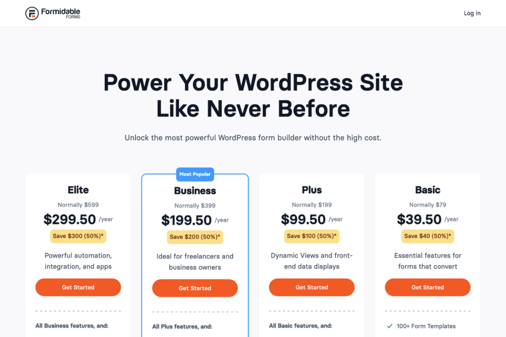 Hero pricing section with four plans: Elite, Business (Most Popular), Plus, and Basic, with Business highlighted by a blue outline and badge.