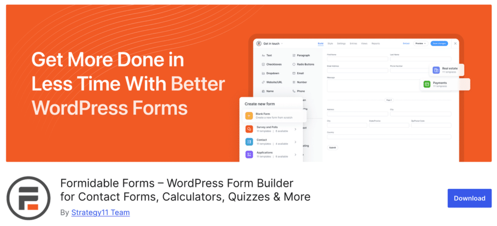 Orange hero banner with bold white text about WordPress forms and a right-side screenshot of the form builder UI.