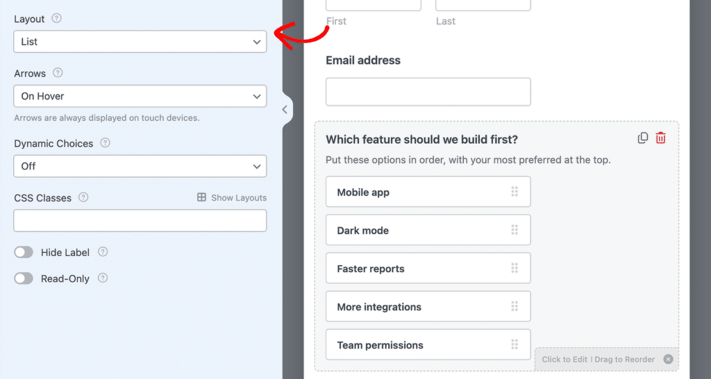 UI designer screenshot: left settings panel with Layout and Arrows controls, Dynamic Choices, CSS Classes, and toggle options; right panel shows a draggable priority list for features (Mobile app, Dark mode, Faster reports, More integrations, Team permissions).