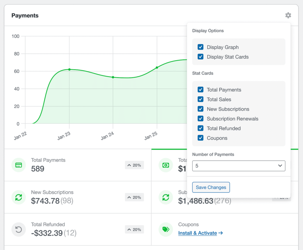 Payments dashboard with a green line chart and overflowing stat cards; a settings panel titled 'Display Options' is open on the right, listing checked options like 'Display Graph' and 'Display Stat Cards' and several 'Stat Cards' (Total Payments, Total Sales, New Subscriptions, etc.).