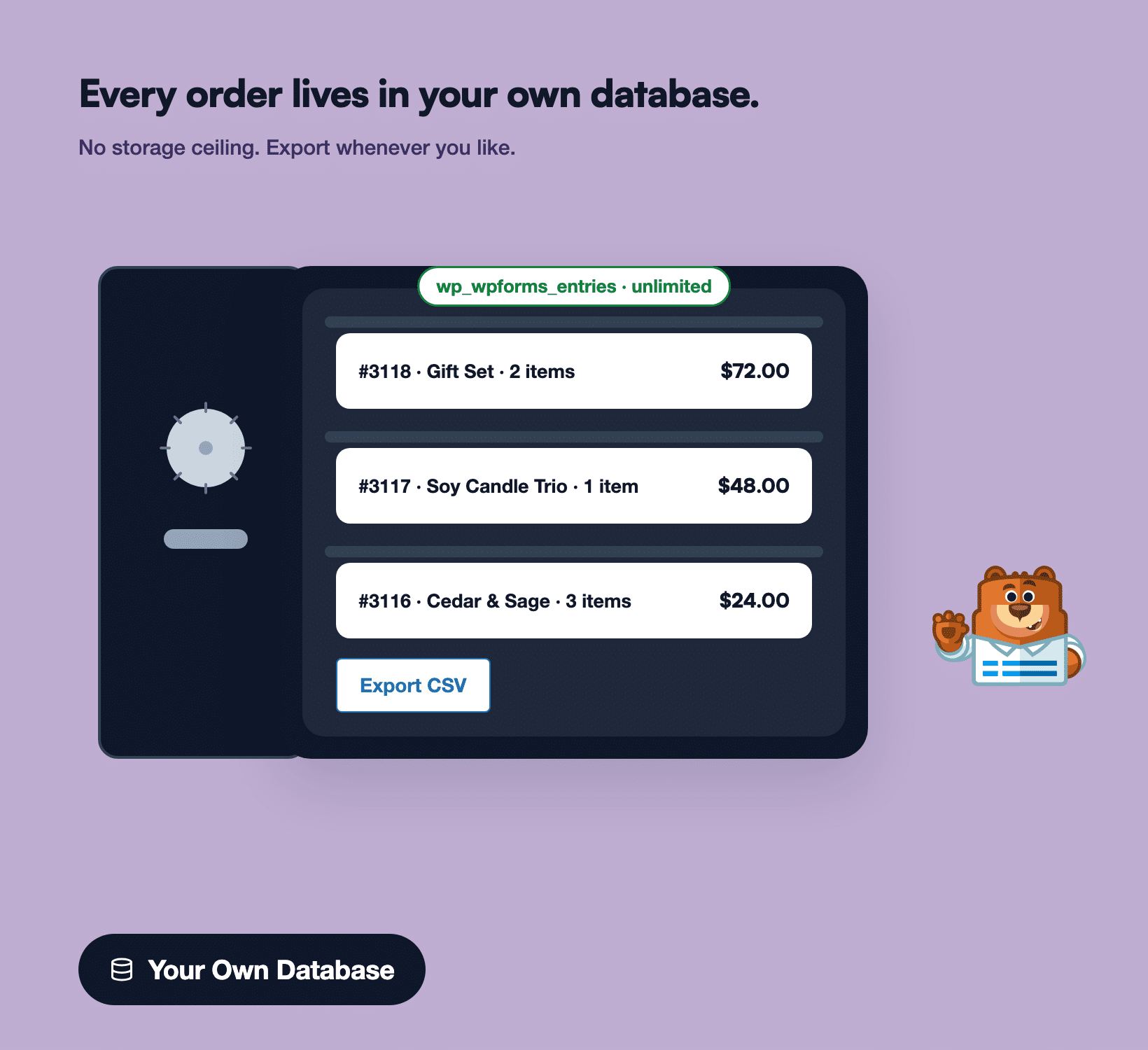 A home safe with its door open, holding WPForms entry rows and an Export CSV button