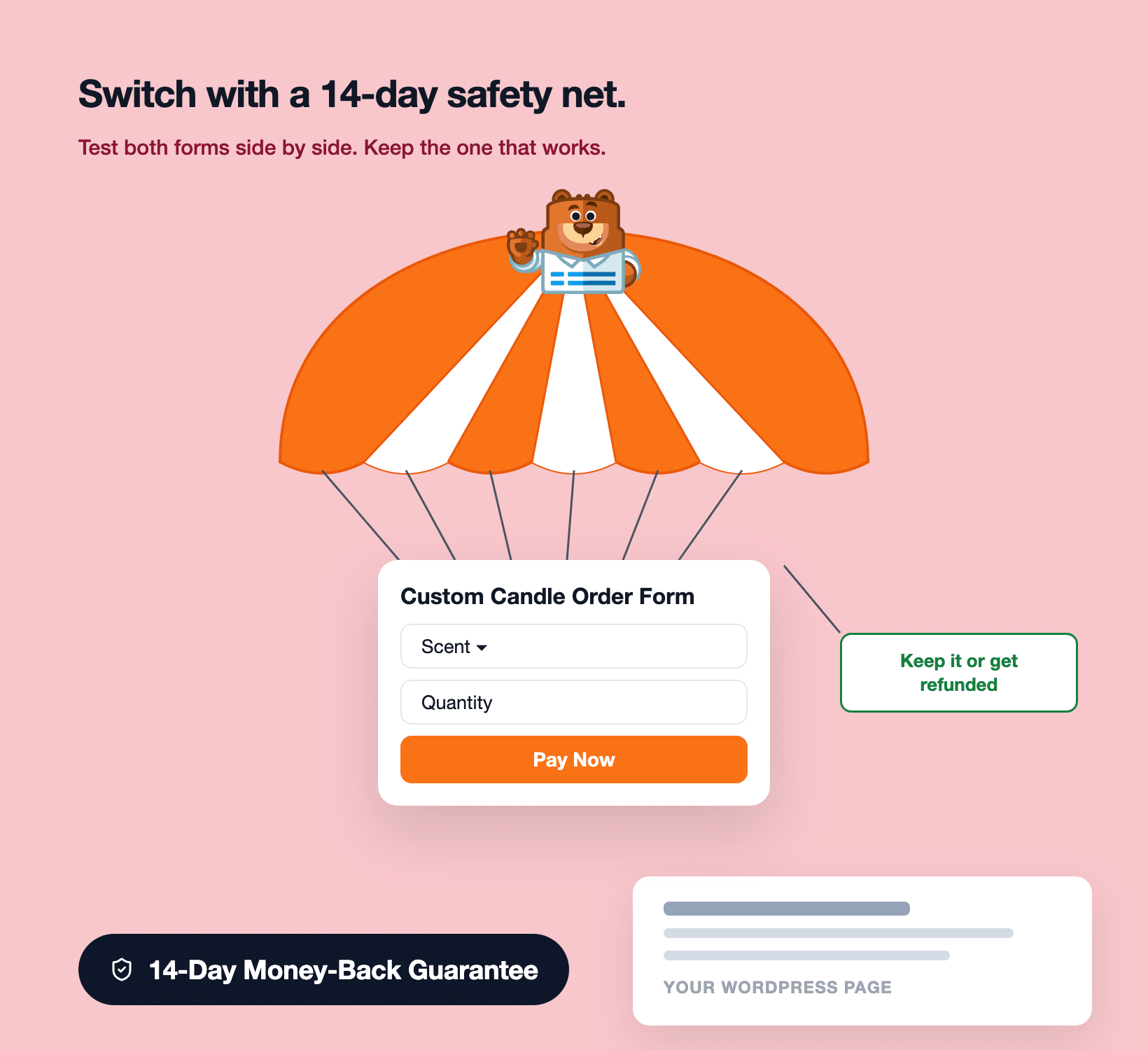 A parachute lowering a WPForms form safely onto a WordPress page, with a 14-day money-back guarantee tag