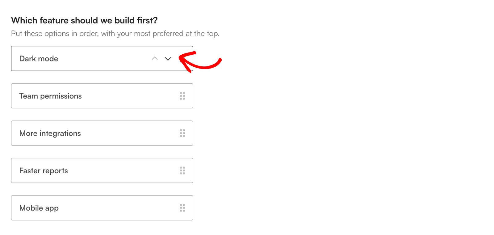 The ranking question as a visitor sees it, five options in list layout with the reorder arrows showing on the first option.