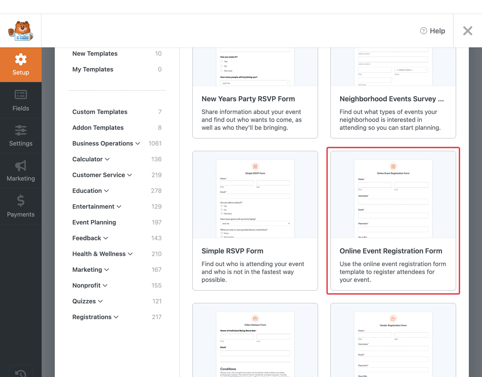WPForms template library filtered to event templates with the Online Event Registration Form template shown.