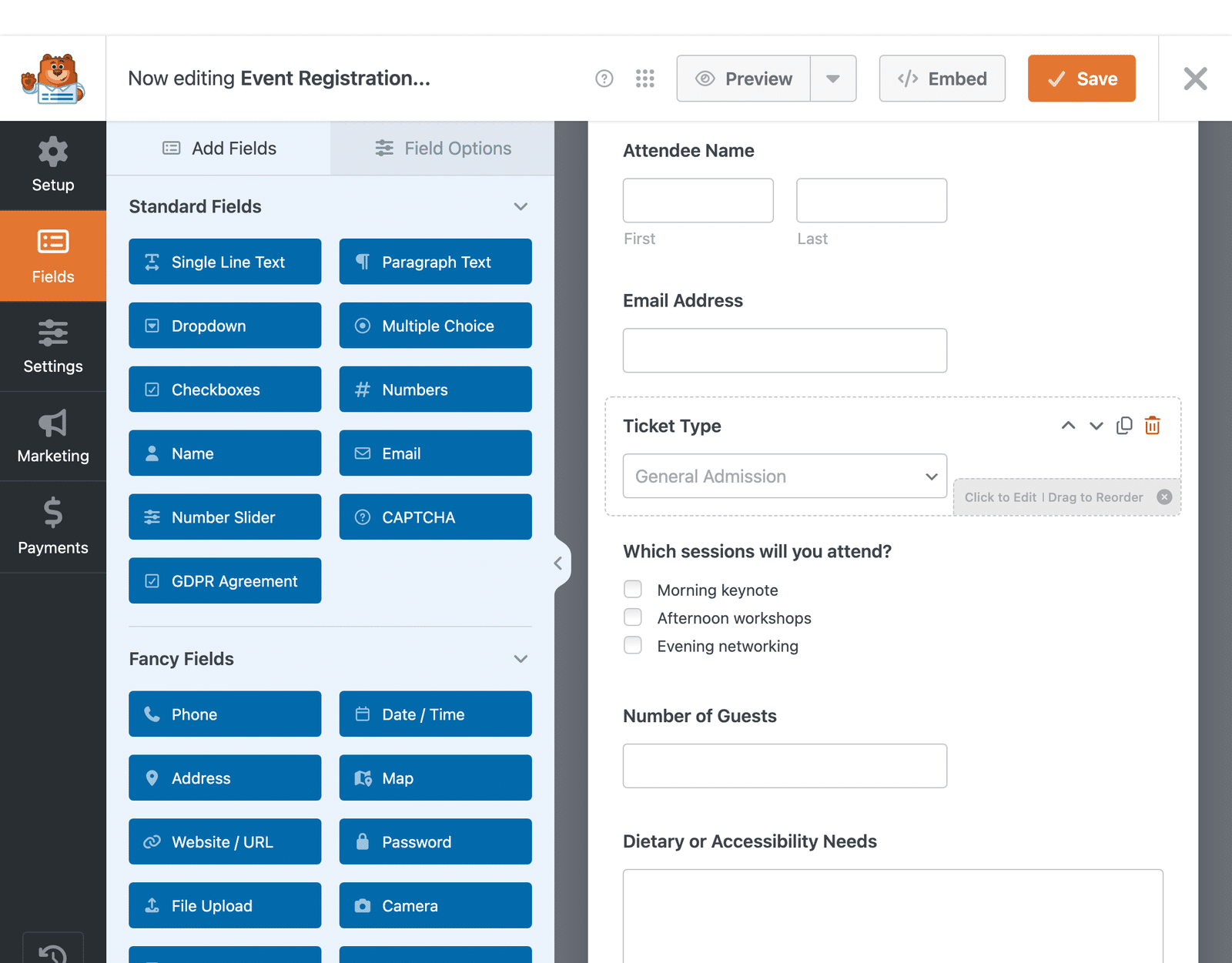 The builder canvas showing the event registration form's fields in order.