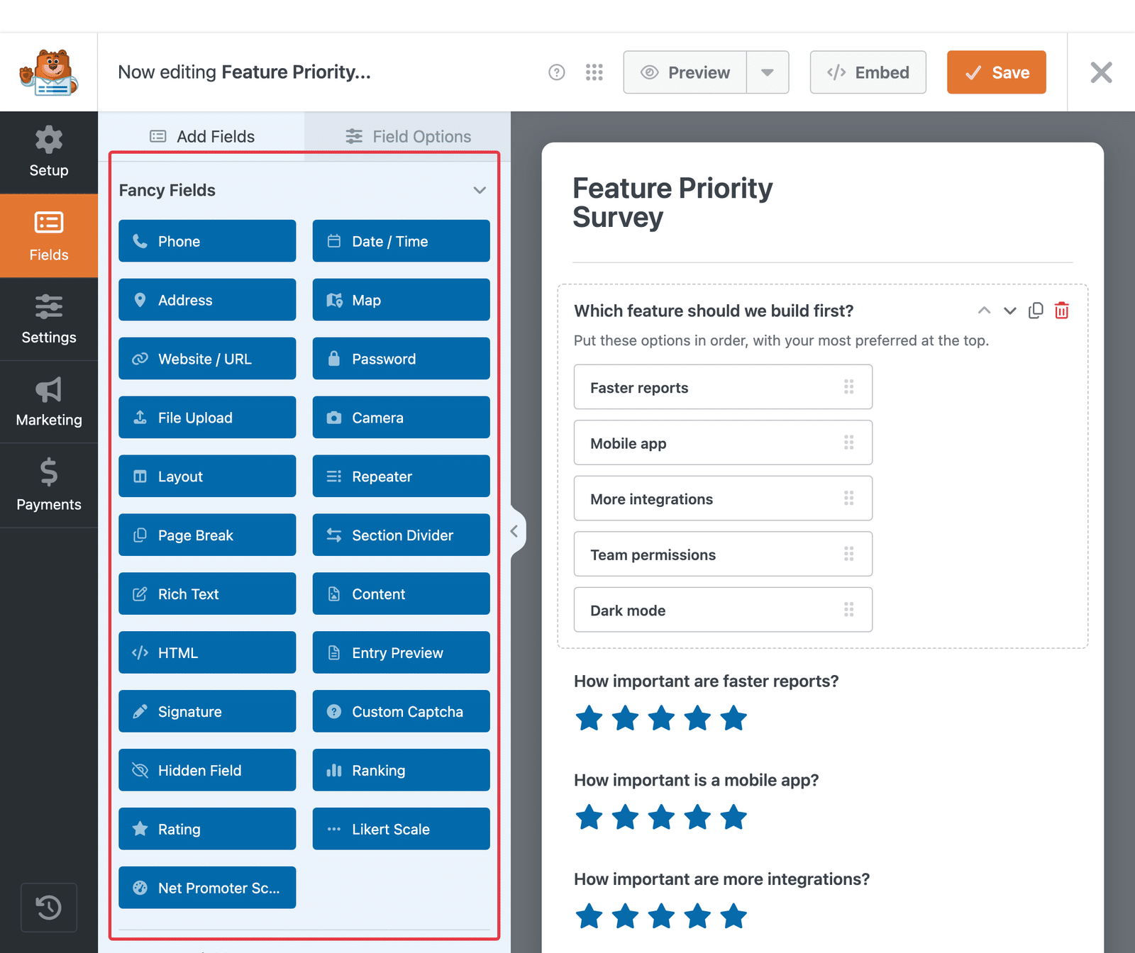 The builder's Fancy Fields group with Rating, Likert Scale, Net Promoter Score and Ranking listed together.