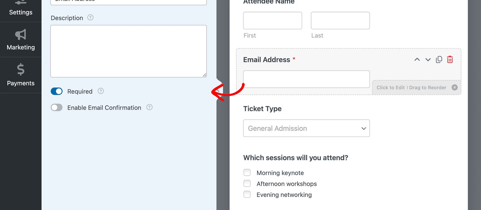 The Email Address field's options panel with the Required toggle switched on.