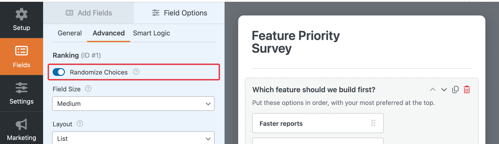 The Ranking field's Advanced options with Randomize Choices switched on.