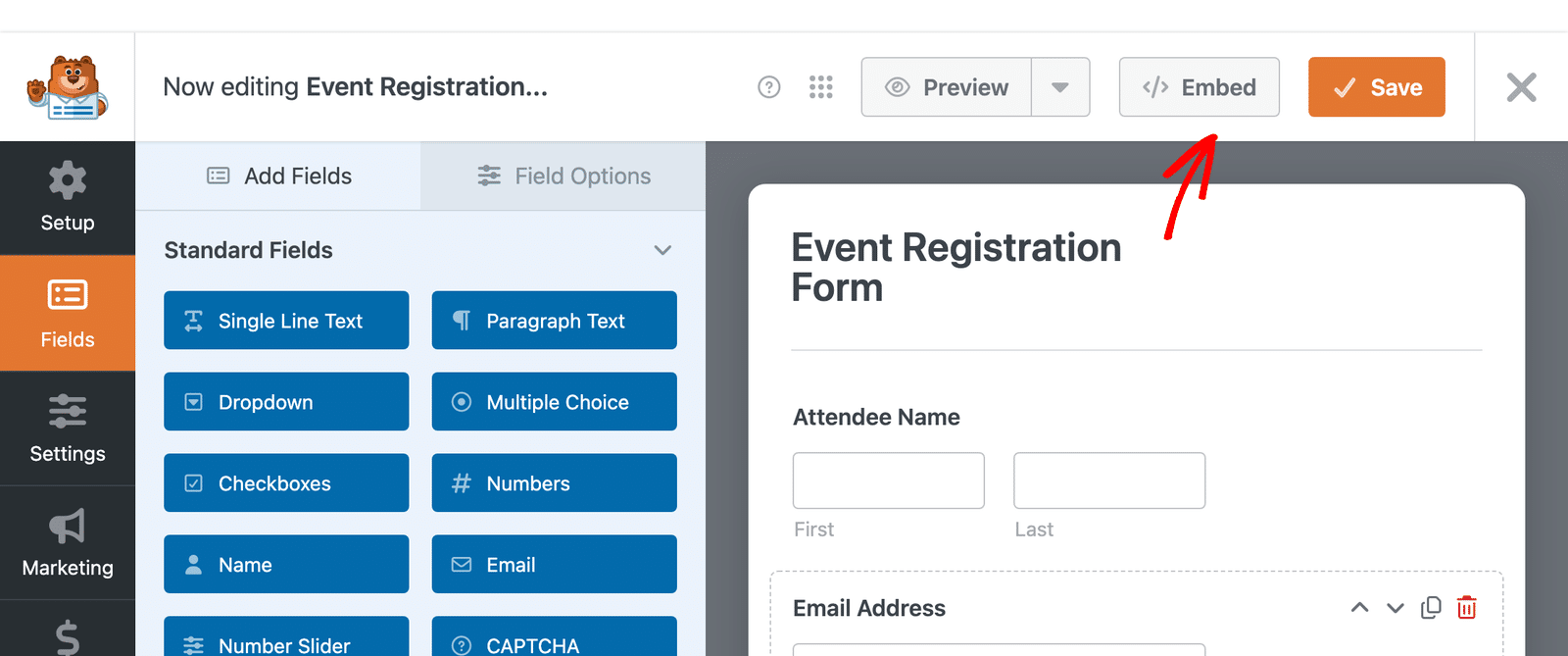 The form builder header with the Embed button beside Save.