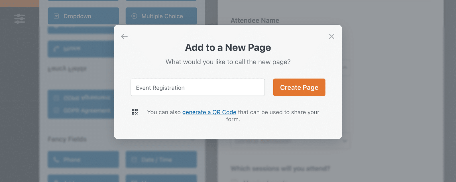 The Add to a New Page dialog with Event Registration typed into the name field beside the Create Page button.