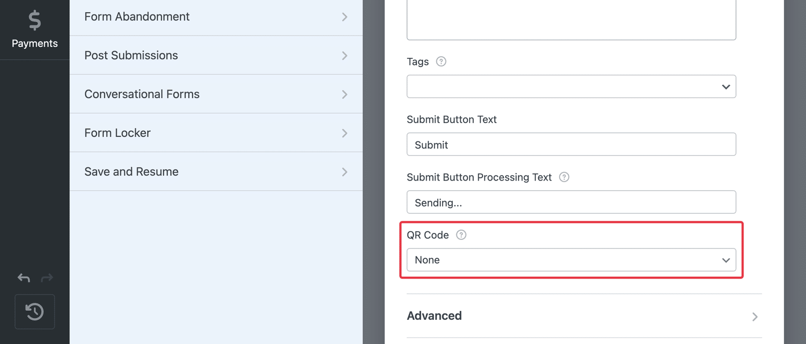 The builder's General settings with the QR Code setting on None, below Submit Button Processing Text.