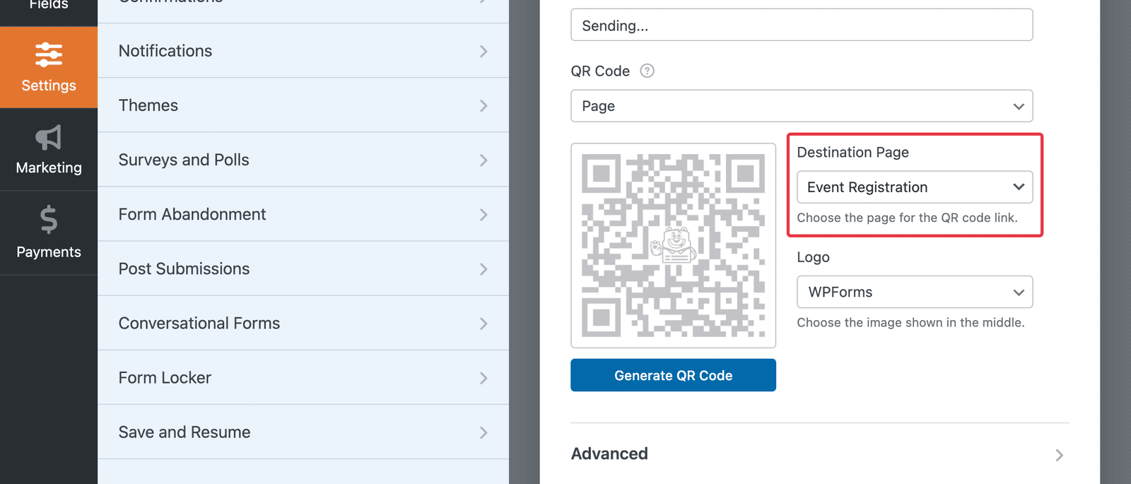 QR Code set to Page with the event registration page chosen in Destination Page.