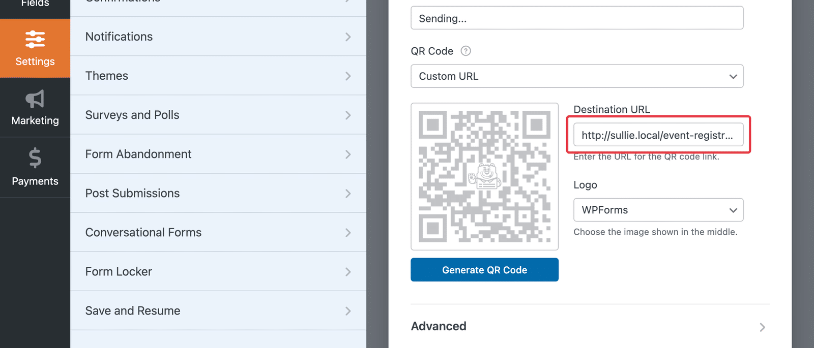 QR Code set to Custom URL with the registration page address typed into Destination URL.