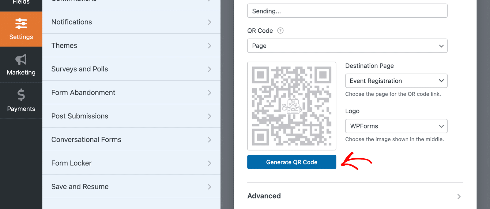 The Generate QR Code button below the destination settings, before a code exists.