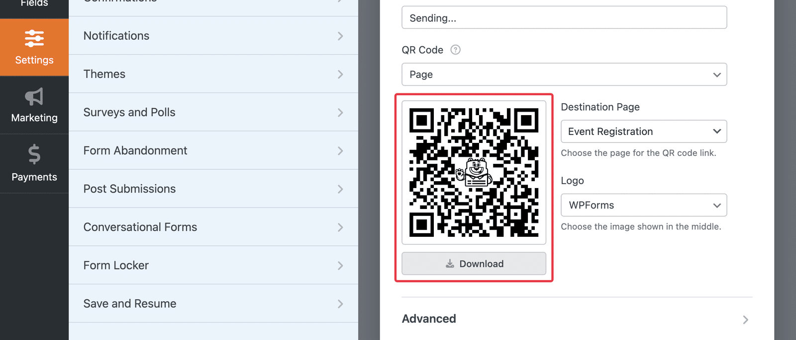 The finished QR code in the preview with the Download button beneath it.