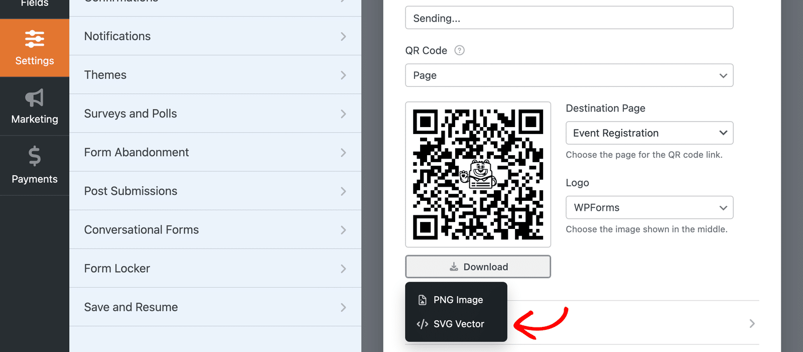 The Download format menu open with PNG Image and SVG Vector listed.