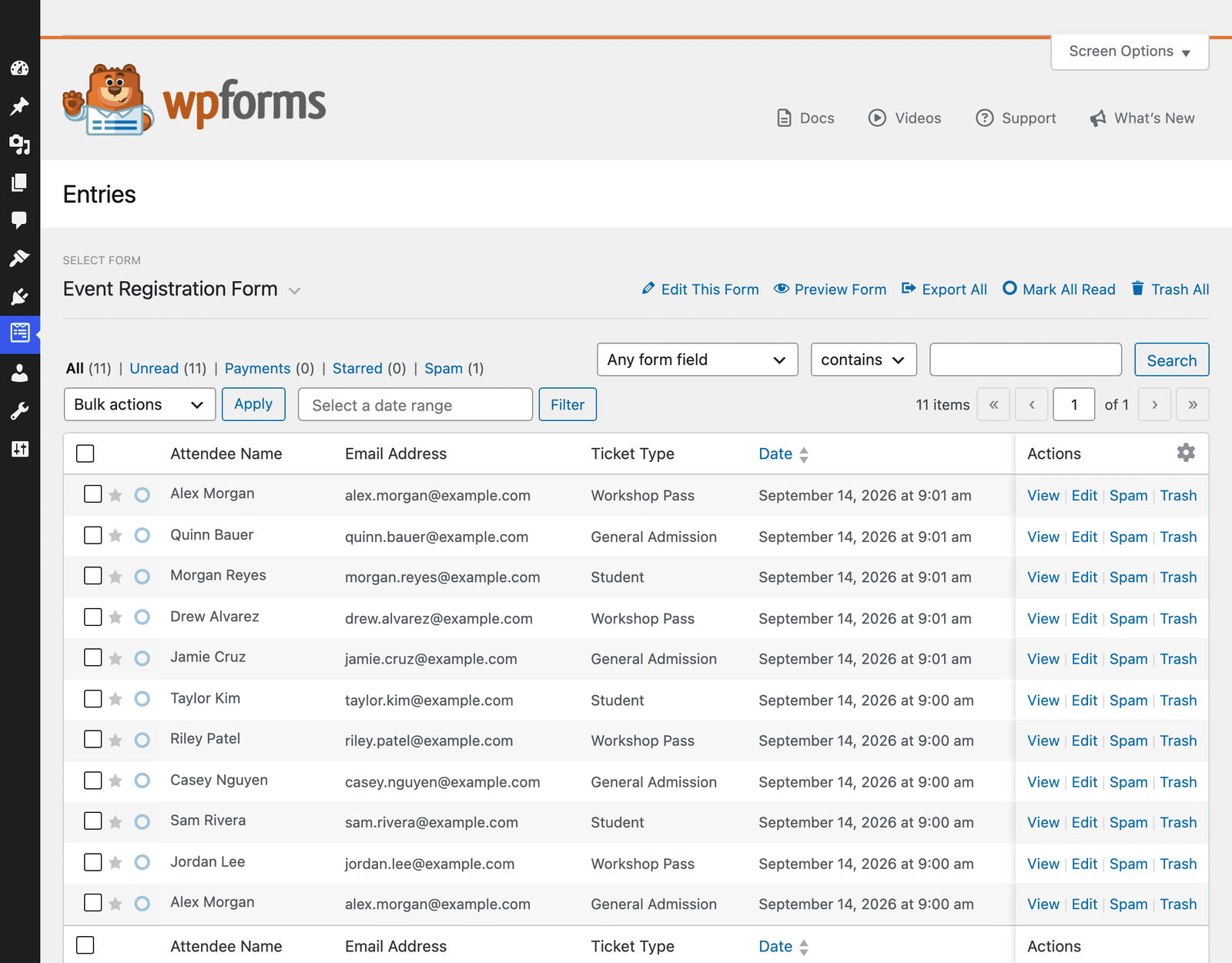 The WPForms Entries list holding registrations that arrived through the form.