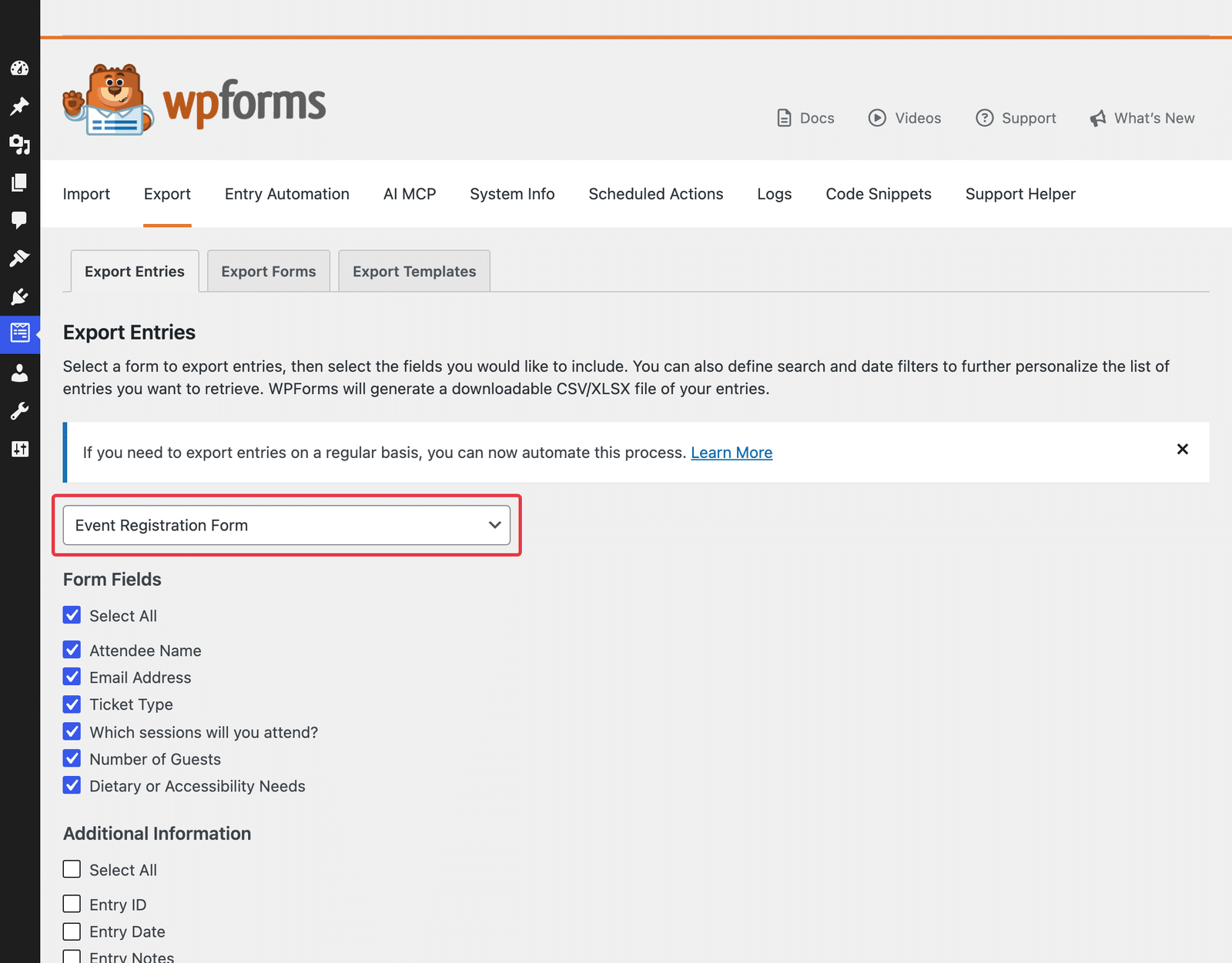 The WPForms export screen with the event registration form selected.