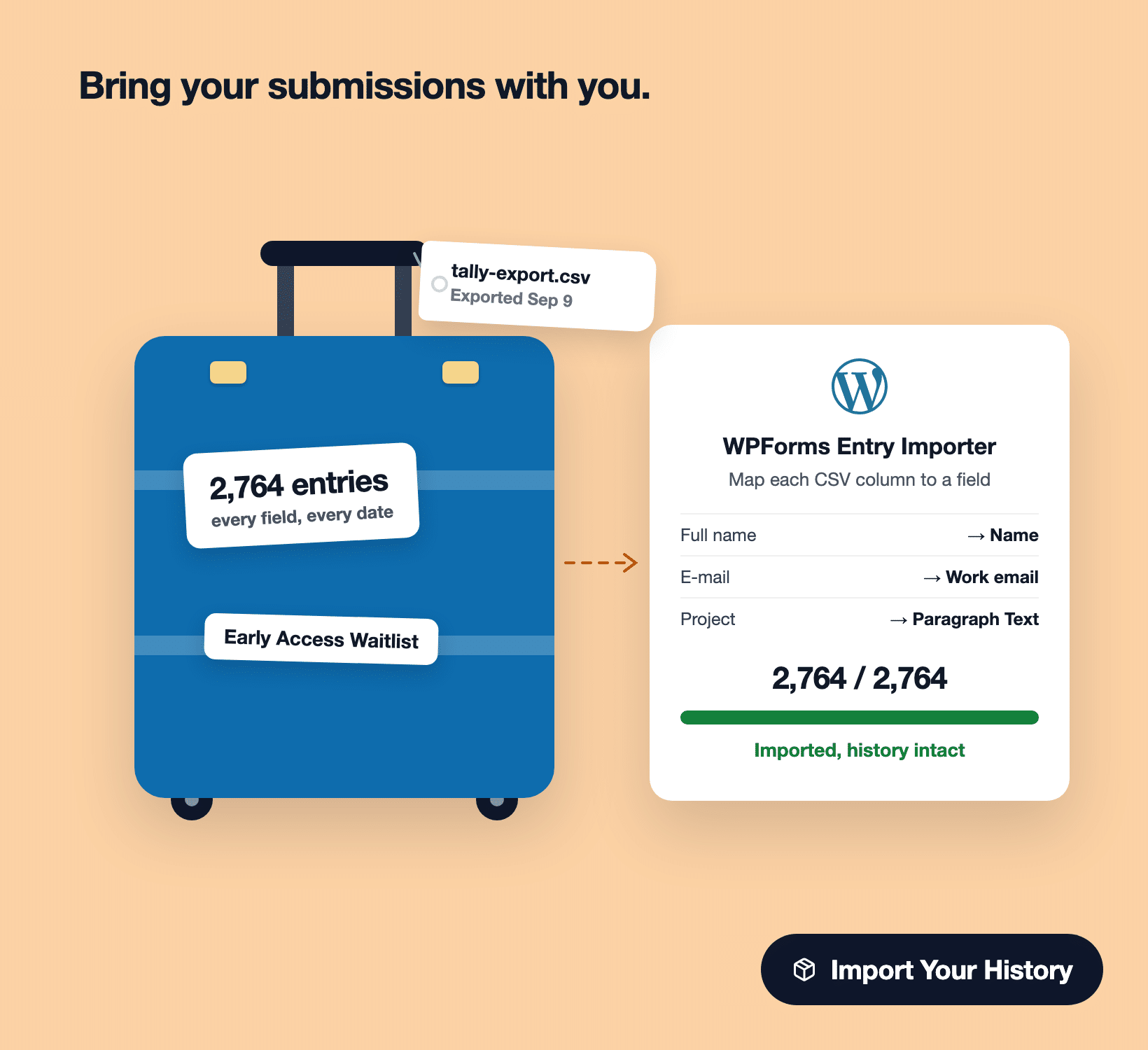 A suitcase tagged with a Tally CSV export and 2,764 entries arriving at the WPForms Entry Importer