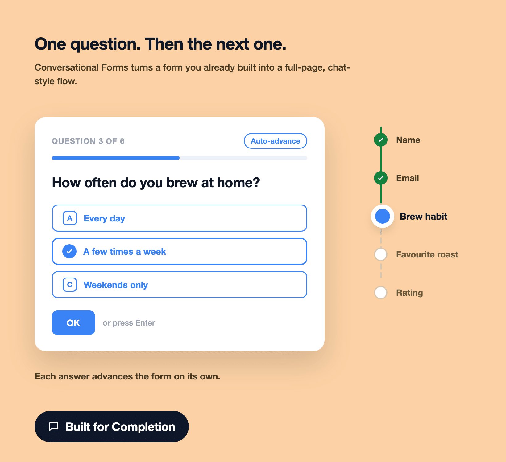 Un formulaire conversationnel WPForms qui progresse dans les questions une par une avec une barre de progression