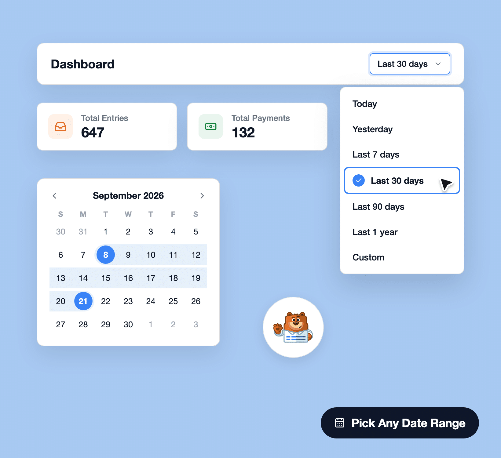 Date range picker with seven presets and a custom calendar on the WPForms Dashboard