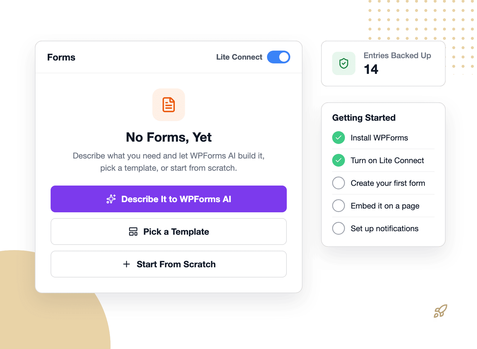 New WPForms Lite user seeing a Getting Started checklist and Entries Backed Up count on the Dashboard