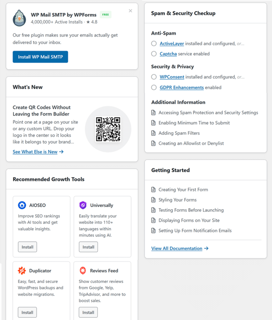 Diseño del panel de control con múltiples paneles: una tarjeta promocional de WP Mail SMTP; una tarjeta 'Novedades' con un código QR central; un panel 'Comprobación de spam y seguridad'; un panel 'Primeros pasos'; y una cuadrícula 'Herramientas de crecimiento recomendadas' que muestra tarjetas de AIOS EO, Universally, Duplicator y Reviews Feed.