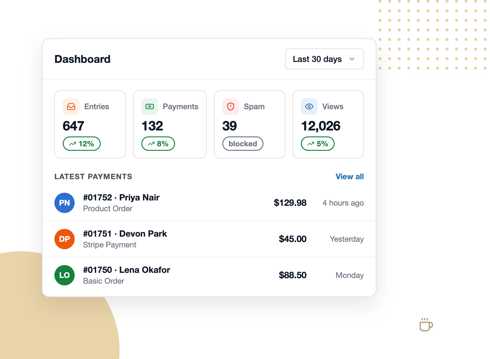 Small business owner checking entries and payments on the WordPress form dashboard