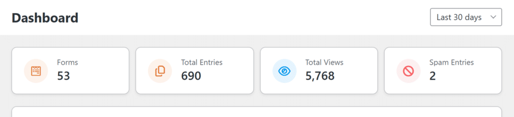 Panel con cuatro mosaicos de métricas: 53 formularios, 690 entradas totales, 5.768 vistas totales, 2 entradas de spam; selector 'Últimos 30 días' en la esquina superior derecha.