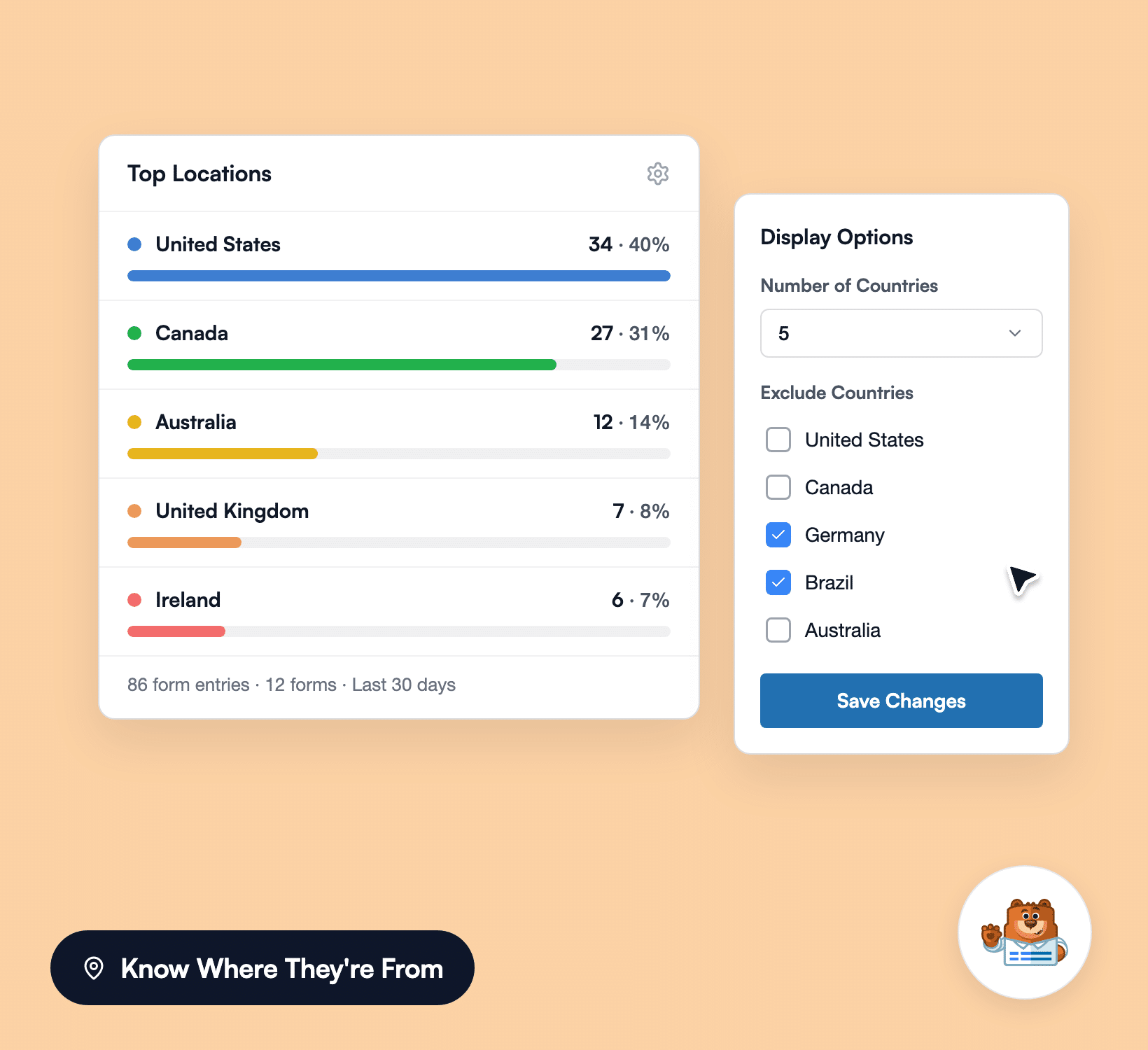 Top Locations country ranking and exclude settings aggregating Geolocation data across all forms
