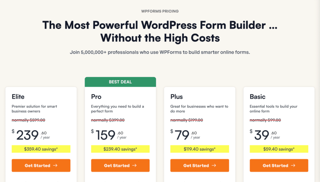 Pricing cards for four plans: Elite, Pro (Best Deal), Plus, and Basic, with monthly/yearly prices and savings, and Get Started buttons.